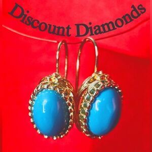 Oval Blue Turquoise Dangle Earrings 14K Gold on 925 Silver